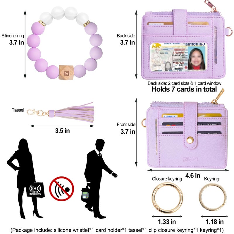 COOLANS Wristlet Bracelet Keychain Pocket Credit Card Holder Purse Tassel Keychain Bangle Key Ring for Women (Silicone Bead Bracelet+Card Purse (Light purple)) - Image 2